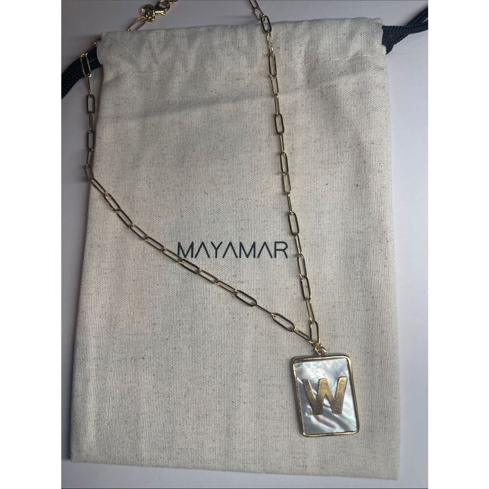 Gold W Rectangle Pendant Paperclip Necklace with Mother-of-Pearl by Mayamar